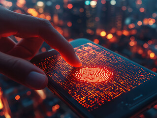 A finger scans a glowing fingerprint on a smartphone screen, data streams illuminate the surface,...