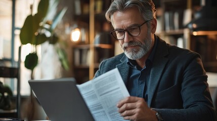 Man with beard looks at paper. Gray haired person reads report. Mature person with glasses reading document near computer.