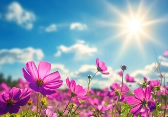 Obraz premium Pink cosmos flowers in a field under a blue sky with sun rays. Nature background