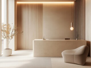 Reception area featuring a modern neutral design and a cozy chair