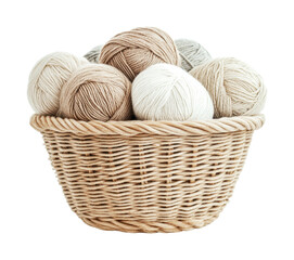 Obraz premium Natural yarn collection in a woven basket for crafting and knitting projects, cut out