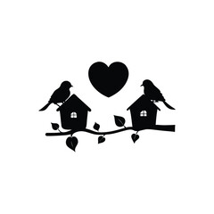 two birds on a branch with love icon.Valentines Day icon set vector illustration.