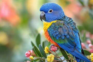 A colorful bird sits atop a tree branch, possibly singing or observing its surroundings