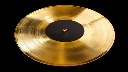 Close-up of a golden vinyl record with intricate detailing, set against a black background.