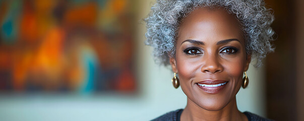 Closeup portrait of a confident, mature woman with short, gray curly hair, showcasing natural beauty and aging gracefully.  A warm, inviting smile and expressive eyes convey wisdom and serenity.