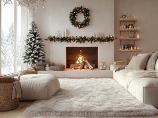 A cozy Christmas home with a fireplace and a decorated tree