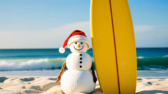 A festive snowman in a red Santa Claus hat stands on a beach with a surfboard