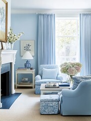 Cozy and comfortable living room with blue accents