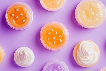 Fototapeta premium A selection of colorful cupcakes arranged on a vibrant purple background, perfect for use in food-related designs or as a decorative element
