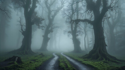 Fototapeta premium Dark Misty Forest with Twisted Ancient Trees and an Eerie, Foggy Atmosphere