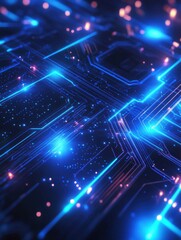 Neon glowing digital technology circuit board in computer. Futuristic glowing bright blue color. Abstract connection concept presentation background Communication wireframe laser lines illustration