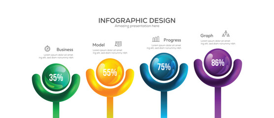 Business 4 option infographic presentation vector 3D colorful balls illustration. four circular elements with a 3D glassmorphism or neomorphism effect, Horizontal Process Visualization
