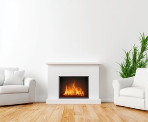 Modern Minimalist White Living Room with Fireplace and Armchairs