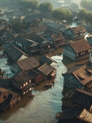 Aerial View of Flooded Houses in a Village - Disaster and Climate Change