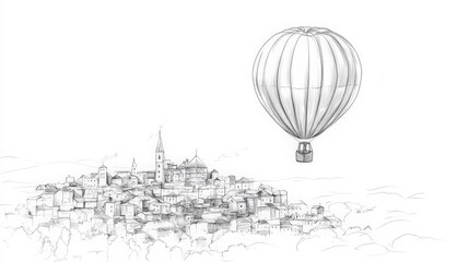 Whimsical Pencil Sketch of a Balloon Drifting over a Quaint Hilltop Village