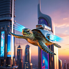 A turtle wearing a jetpack flying through a futuristic city