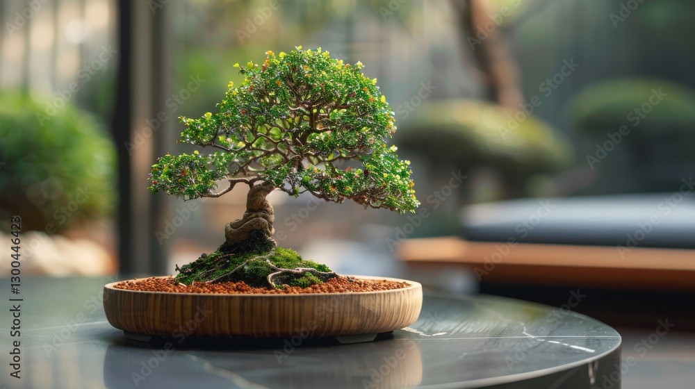 Poster serene bonsai tree displayed on a minimalist table surrounded by a tranquil garden setting