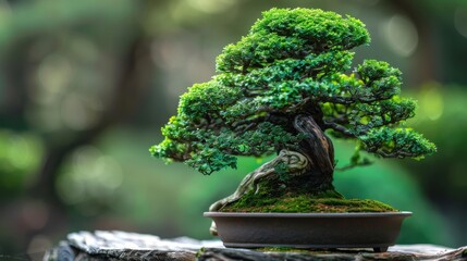 Lush Green Bonsai Tree in Serene Environment with Soft Focus Background and Natural Light Enhancements