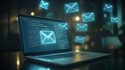 Laptop with Code and Floating Email Icons, A laptop displaying code with floating email icons, symbolizing digital communication and technology
