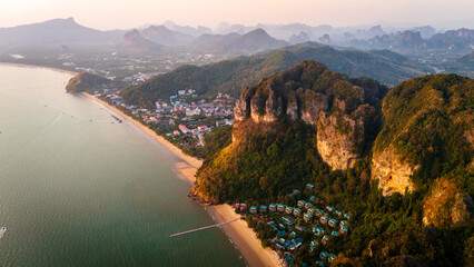 Drone sunset view of Krabi most famous beach Railay on the Andaman sea in Ao nang beach aerial of...