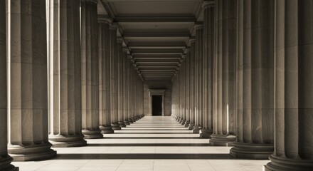 Fototapeta premium Symmetrical perspective through corridor of fluted columns creating a timeless architectural design