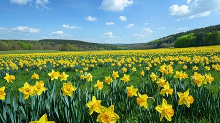 Obraz premium Vibrant Field of Blooming Yellow Daffodils Under a Bright Blue Sky with Fluffy White Clouds