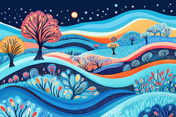 Colorful Australian Aboriginal dot art painting of a landscape.