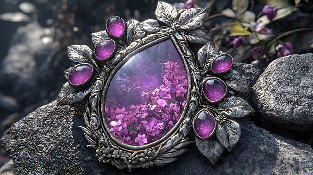 Intricate silver pendant featuring a teardropshaped amethyst gemstone, encapsulating vibrant purple blossoms.