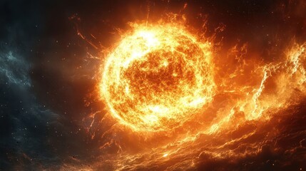 Obraz premium A vibrant and fiery sun illuminating a cosmic landscape filled with swirling clouds and stars