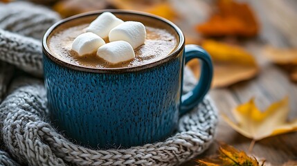 Cozy autumnal coffee with marshmallows on wooden table
