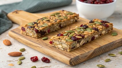 Two Homemade Granola Bars with Nuts, Dried Cranberries, and Pumpkin Seeds on Wooden