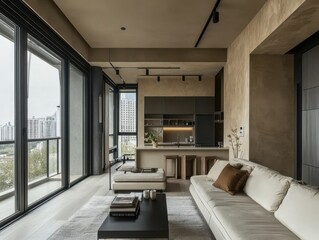 Modern Apartment Design Illustrating a Comfortable Living Space and Kitchen