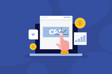 CPC or Cost per click concept, Digital ad campaign with high click rate, Ads with high impression and audience reach.