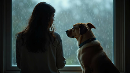 dog woman rain window sad pet love