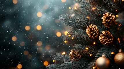 Fototapeta premium Festive Holiday Season Pine Tree Decoration with Golden Lights and Snow Flurries Celebration Decor