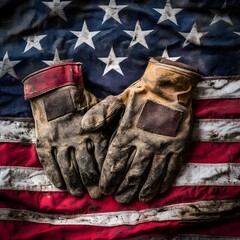 "Old and Worn Work Gloves on a Large American Flag, Symbolizing Hard Work, Patriotism, and Dedication to the American Labor Force"

