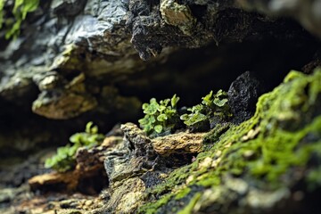 Obraz premium A close-up of a plant growing out of a rocky surface, with green leaves and stem