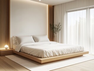 Fototapeta premium A beautifully designed bedroom with minimalist aesthetic and bright lighting