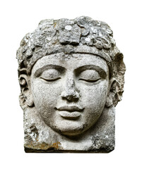 Obraz premium This stone sculpture features a serene face with a peaceful expression and intricate detailing, cut out