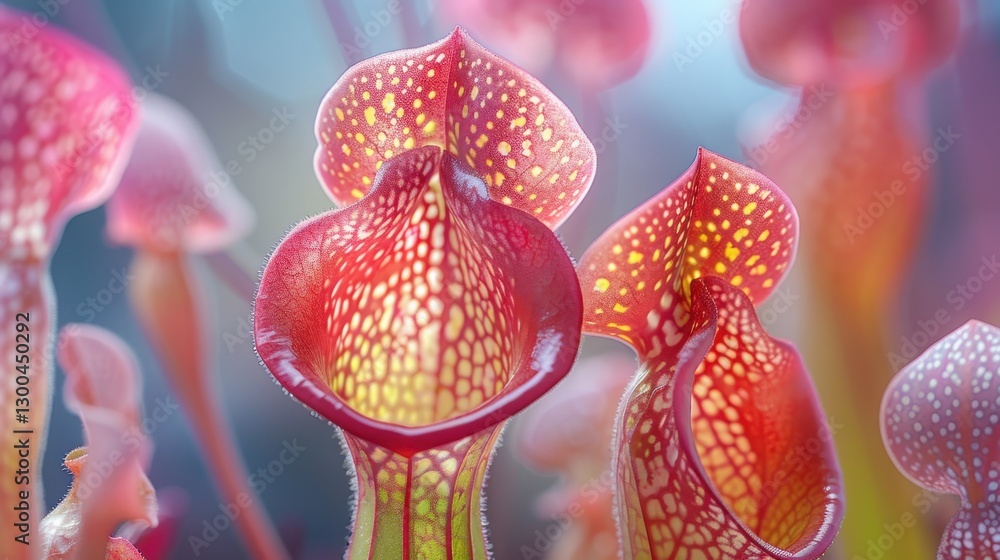 Poster captivating close-up of colorful carnivorous flowers with intricate patterns and stunning details in