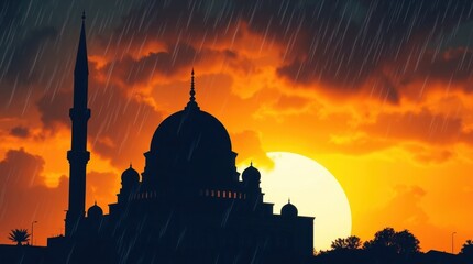 Naklejka premium Mosque Silhouette at Sunset with Rain Creates Dramatic Religious Scene