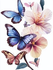 Obraz premium Butterflies and flowers. Isolated branch, flower and butterfly. Dragonfly, flying insects and natural elements. Summer spring season kit