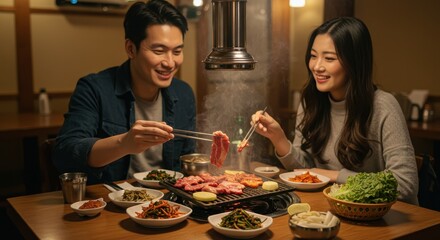 Romantic Korean BBQ Dinner Date Night: Couple Enjoying Delicious Grilled Meat at a Cozy Restaurant