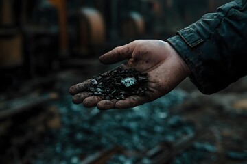 Hand holding coal fragments in dark industrial setting. Raw fossil fuel energy source. Environmental impact of mining industry. Climate change concept.