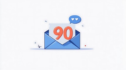 A simple envelope with the number 90 written on it, against a white background,