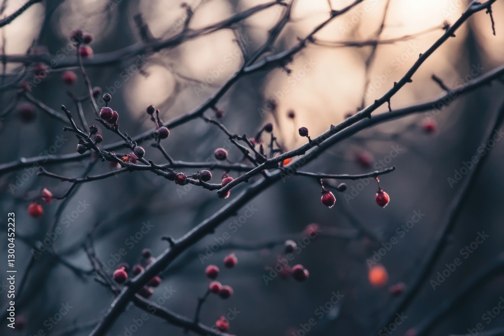 Wall mural a close-up view of a branch with several types of berries, suitable for use in still life photograph