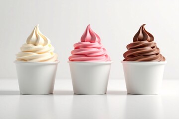 Photorealistic Soft-Serve Ice Cream Trio in White Cups &ndash; Chocolate, Vanilla, and Strawberry Flavors on a Clean, Minimalist Background with Soft Lighting
