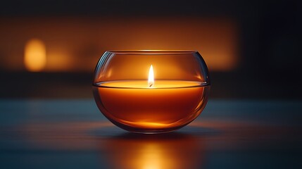 A single candle in an elegant glass holder, casting its warm glow on the dark background. 