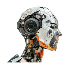 Fototapeta premium Futuristic robot design with intricate metallic features and a camera integrated in an urban environment, emphasizing technology and innovation, cut out