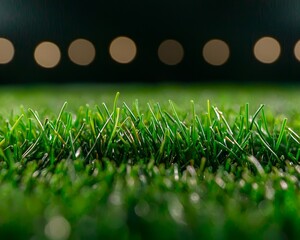 Lush Green Turf Under Soft Glowing Lights Artificial Grass Blades Close Up Synthetic Lawn Field Sports Surface